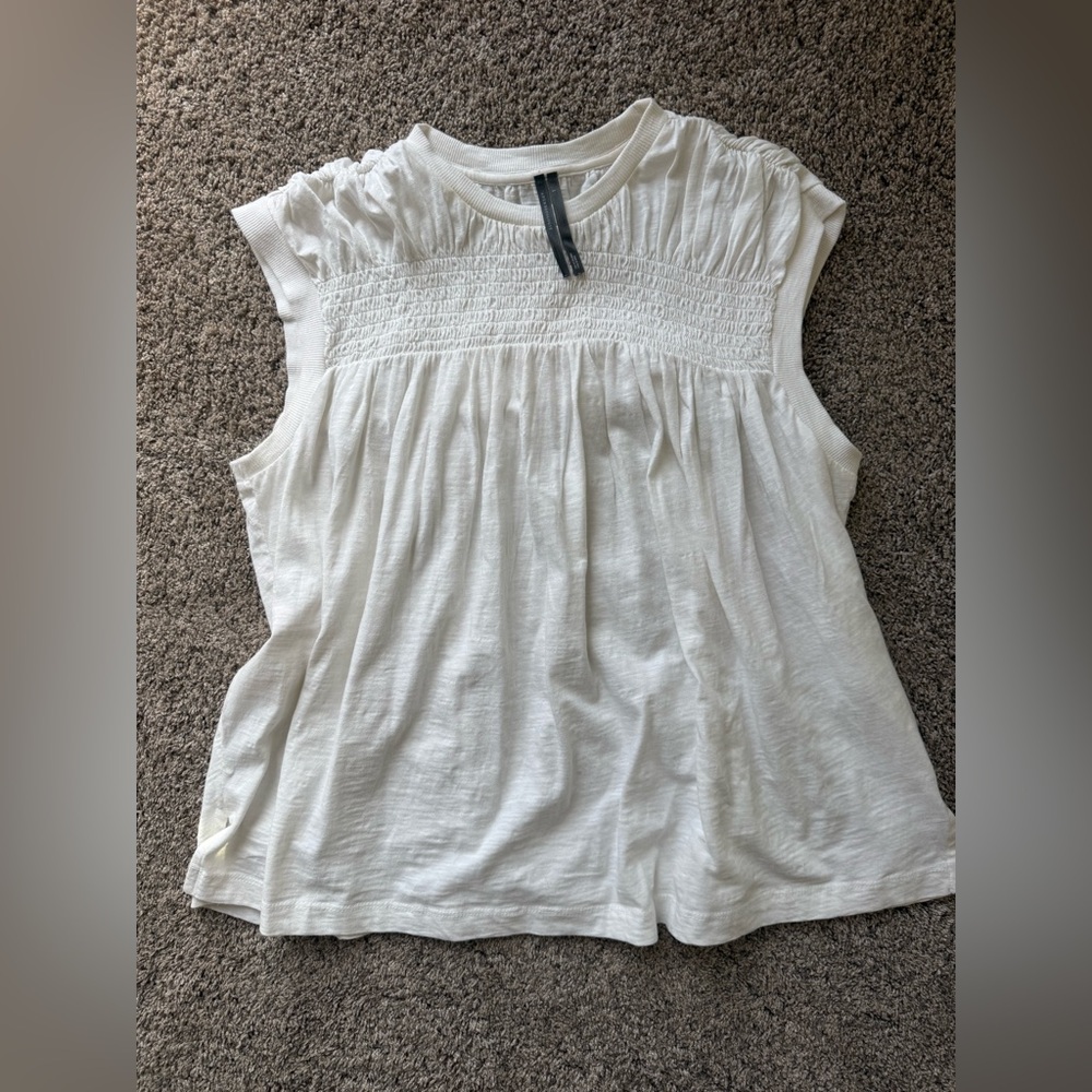 Anthropologie White Ruched Yoke Cap-Sleeve Blouse